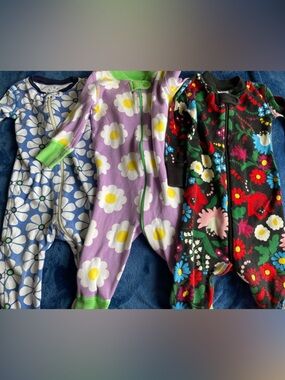 3 Floral Zip Footed Pajama Bundle - Purple, Blue & Black